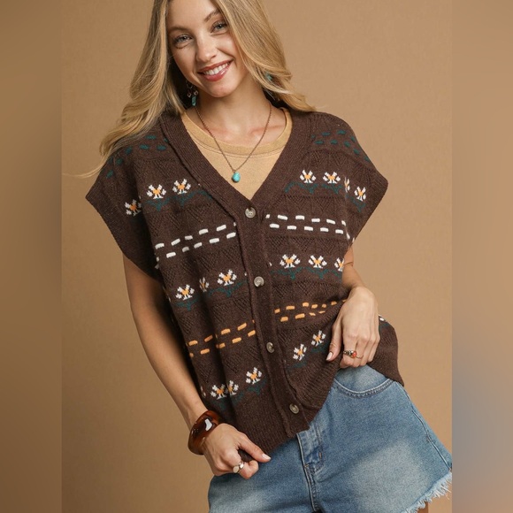 Button-Down Knit Vest with Floral Pattern in Chocolate,All Products : American Fashion Style Bags On Sale